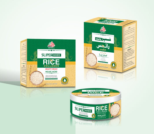 Super White Rice Collagen beauty cream packaging on a reflective surface with a white background