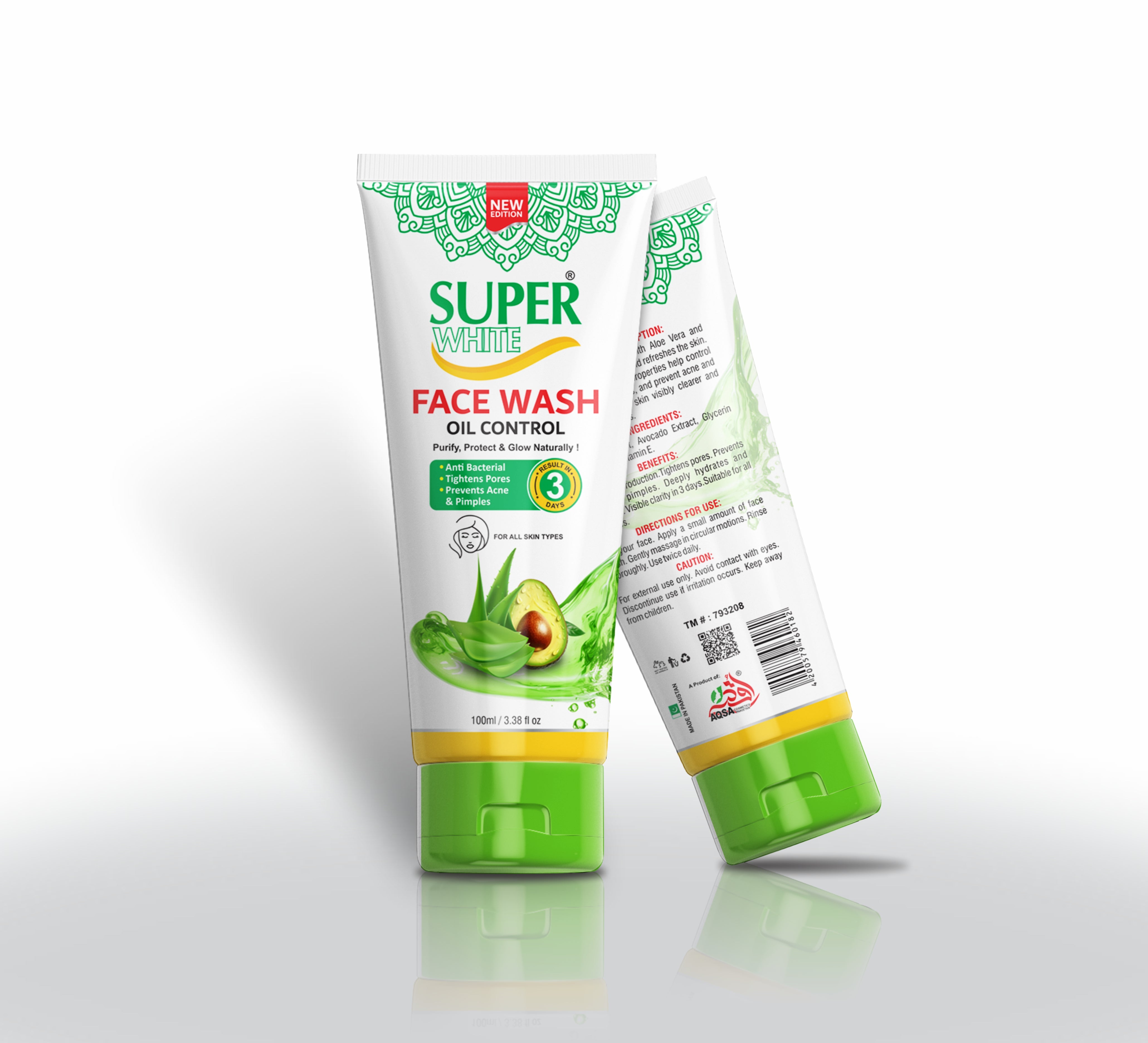 Super White face wash tube with aloe vera illustration 