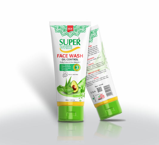 Super White face wash tube with aloe vera illustration 