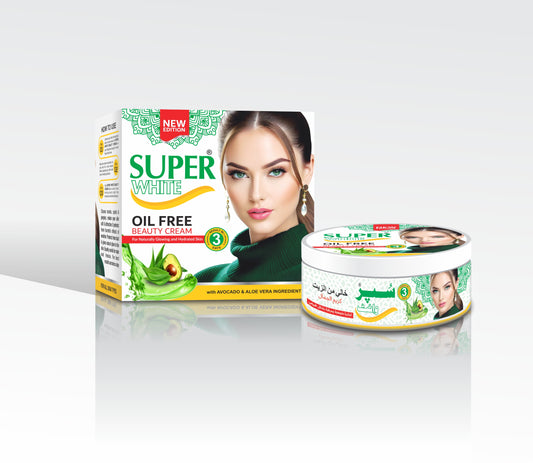 Super White oil-free cream packaging with a woman's face