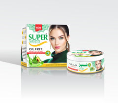 Super White oil-free cream packaging with a woman's face