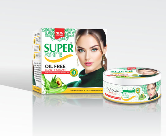 Super White oil-free beauty cream packaging with a woman's face on a white background